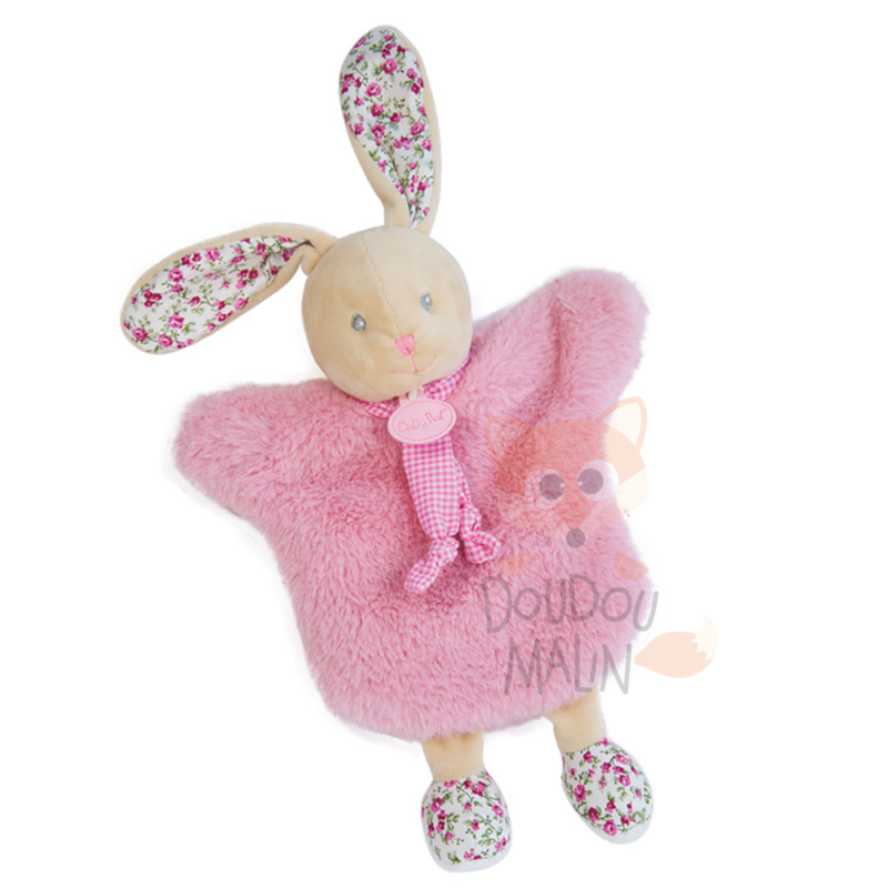 Les douillettes marionnette lapin rose fleur 